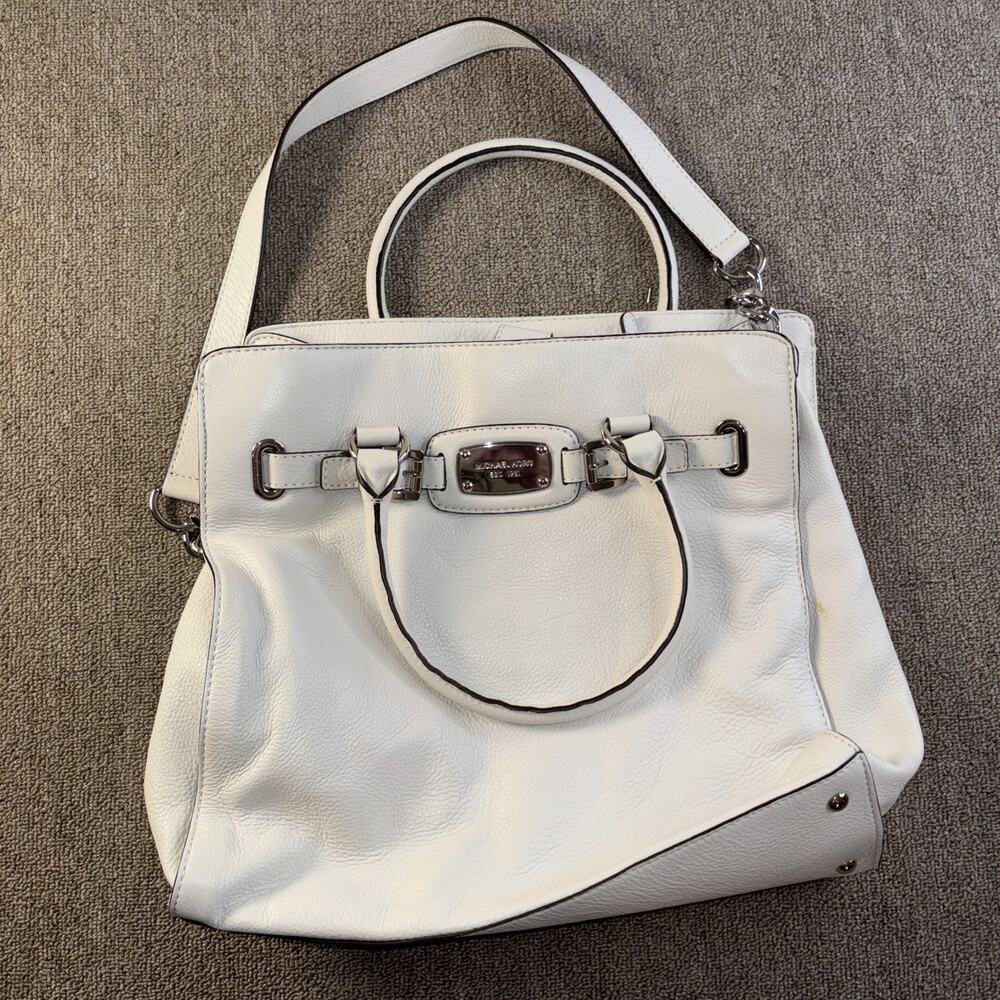 Michael Kors Hamilton Large Vanilla Cream Leather White Lock Tote Shoulder Bag